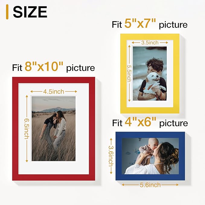 Vittanly 15 Pack Picture Frames Collage Wall Decor, Multi Sizes Including 3pcs 8x10, 6pcs 5x7 and 6pcs 4x6 Photo Frames, Gallery Frame Set for Wall or Tabletop Display, Red, Yellow and Blue