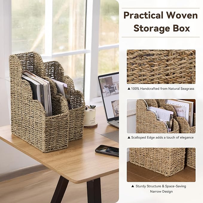 BROWNLILY Scalloped Magazine Holder Set of 2 - Natural Handwoven Seagrass Book Baskets for Bedroom, Bathroom, Living Room, Home, Office - Home Organization and Storage