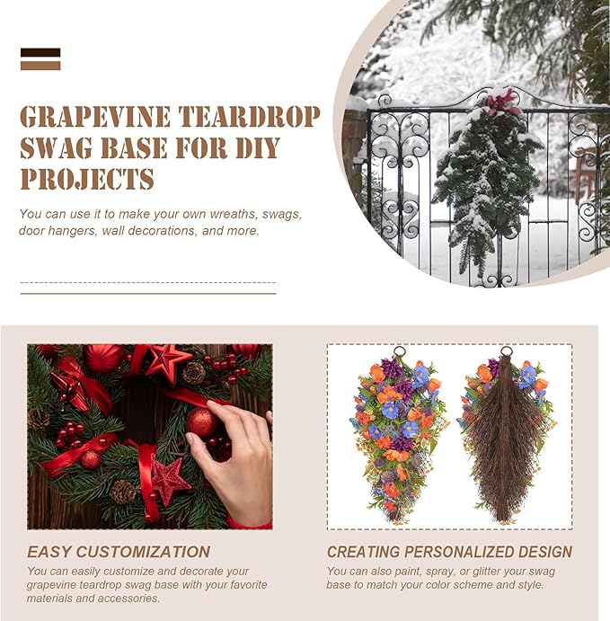 Grapevine Teardrop Swag Base - 17 Inch Natural Teardrop Wreath Form for DIY Crafts - Grapevine Swag Making Supplies for Decor - 2 Pack