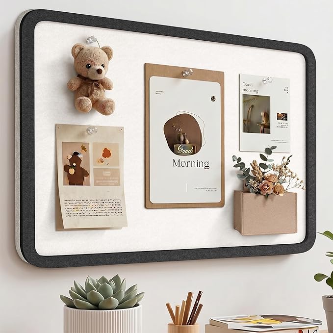 Bulletin Board, 24 x 18 inches Decorative Felt Foldable Photo Pin Boards, Vision Board Cork Board Alternative for Walls, Office, Home, Classroom with Pushpins ＆ Small Storage Bag, Black