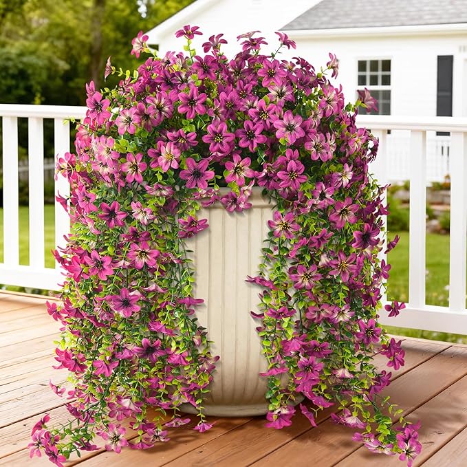 Artificial Hanging Flowers Plants for Outdoor Spring Decoration, 2PCS Faux Silk Daisy UV Resistant Look Real for Outside Home Indoor Planter Porch Garden Yard Decor(Light Purple Red)