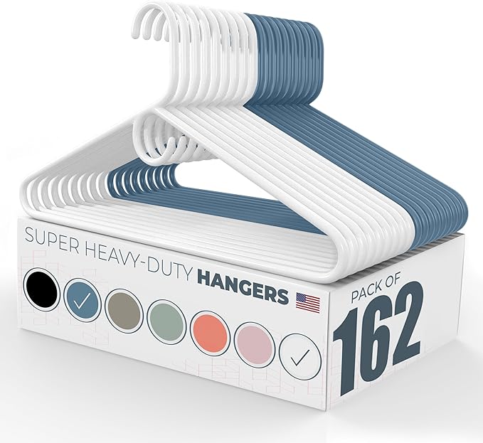 Neaties Super Heavy Duty Clothes Hangers 100+ Pack (162 Count) – Made in the USA - 10lb Capacity, Thick Plastic Hangers for Pants, Coats, Jackets, Jeans and Adult Clothing – White & Blue