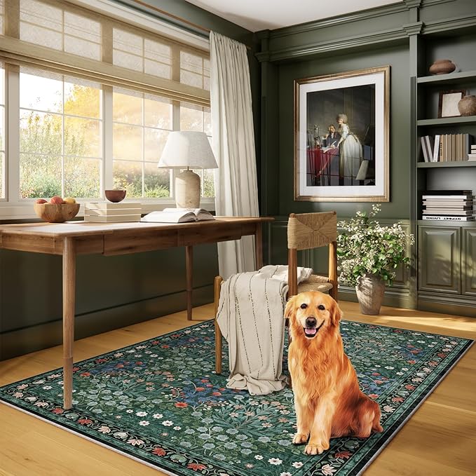 Dark Green 4x6 Washable Area Rug, Ultra Soft Non-Slip Stain Resistant, Floral Distressed Design for Living Room, Bedroom, Large Entryway & Kitchen