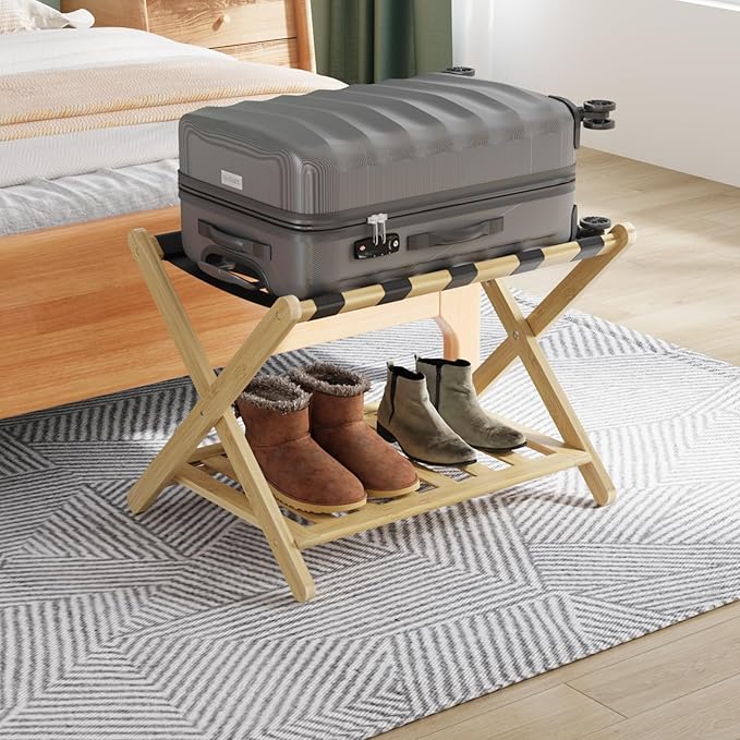 Smuxee Fully Assembled Luggage Rack for Guest Room, Upgraded Bamboo Foldable Suitcase Stand with 5 Nylon Straps, Nature Luggage Holder with Shelf for Bedroom Hotel