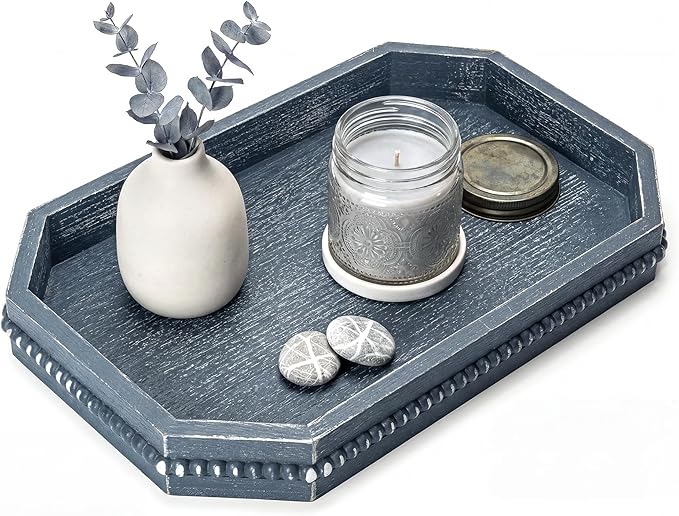 EOSAHR Rustic Decorative Tray with Beaded Edge for Room Decor - Retro Wooden Serving Tray Display for Coffee Table, Makeup Vanity - Farmhouse Decor Kitchen Table Accessories Essentials (Blue)