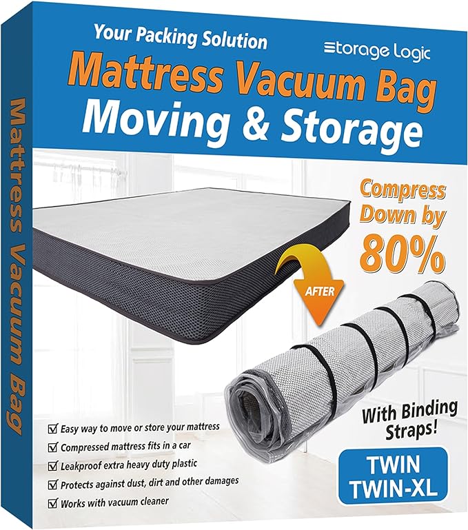 Storage Logic Foam Mattress Vacuum Bag for Moving, Storage, Vacuum Seal Mattress Bag with Straps (Twin/Twin XL)