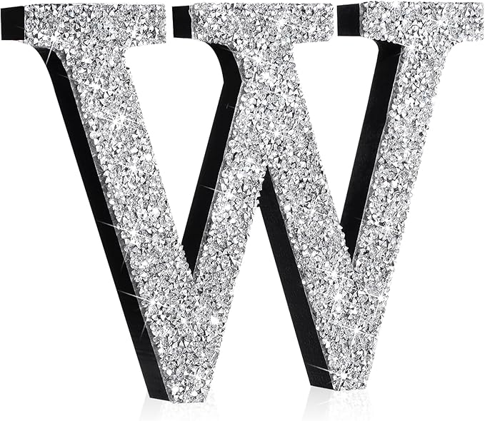 Qunclay 5.7" Silver Crystal Diamond Bling Letters Crushed Diamond Decoration Wooden Glitter Letter with Screw and Hooks Rhinestone Gift for Wedding Y2k Mcbling Bedroom Wall Decor (Letter W)