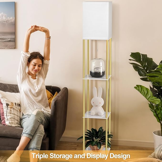 Floor Lamp with Shelves, Modern Corner Display Standing Column Shelf Lamp Etagere Organizer Tower Nightstand with White Linen Shade for Living Room, Bedroom and Office, Marble White and Gold Poles