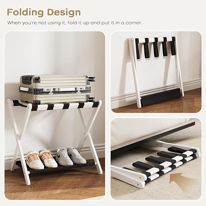 Fully Assembled Luggage Rack, 26.77" Folding Suitcase Stand with Storage Shelf, Bamboo Luggage Stand for Guest Room, Bedroon and Hotel, Holds up to 165 lb, Fit Most Luggage Size, 1 Pack, White