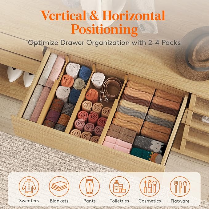 Lifewit 5" High 8 Pack Bamboo Drawer Dividers 33-42cm/13-16.5" Adjustable Wooden Drawer Organizer for Clothes/Utensils, Expandable Drawer Separator for Dresser/Kitchen/Bedroom/Office Organization