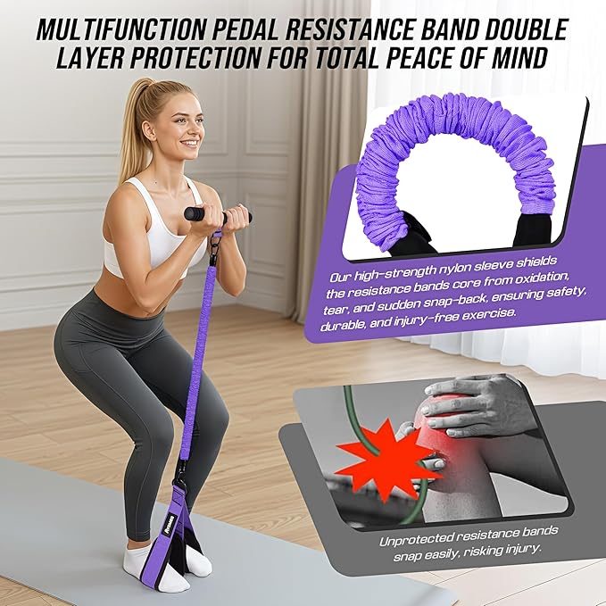 Upgrade Pedal Resistance Band with Handle, Adjustable Tube Foot Pedal Device Puller Exercise Bands, for Abs Arm Leg Waist Workout, Core Pilates, Sit Up Fitness Equipment for Full Body Training