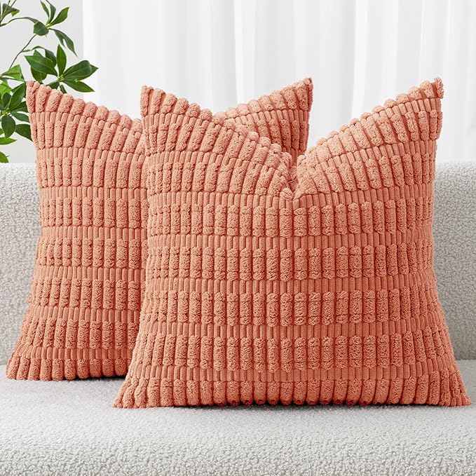 MIULEE Pack of 2 Corduroy Decorative Throw Pillow Covers 16x16 Inch Soft Boho Striped Pillow Covers Modern Farmhouse Home Decor for Summer Sofa Living Room Couch Bed Coral