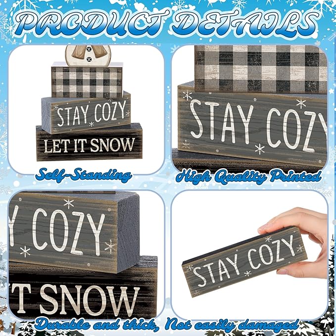 Yuntau 4 Pcs Winter Table Decorations Wooden Snowman Winter Tiered Tray Decor Rustic Block Signs Gift Farmhouse Christmas Centerpiece for Tables Party Kitchen Shelf Home