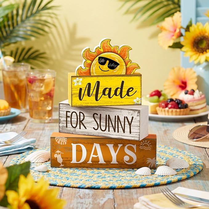 Lineshading 4 Pcs Summer Table Decoration Wooden Sun Beach Tiered Tray Decor Summer Centerpiece Rustic Wood Made for Sunny Day Block Sign Gifts Beach Decorations for Home Kitchen Office Coffee Bar