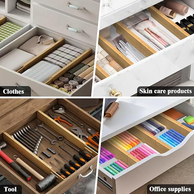 Bamboo Drawer Dividers,12-21" Adjustable Drawer Organizers for Clothes,Expandable Dresser Separators in Kitchen/Bedroom/Bathroom/Vanity/Office Organization and Storage,4-Pack