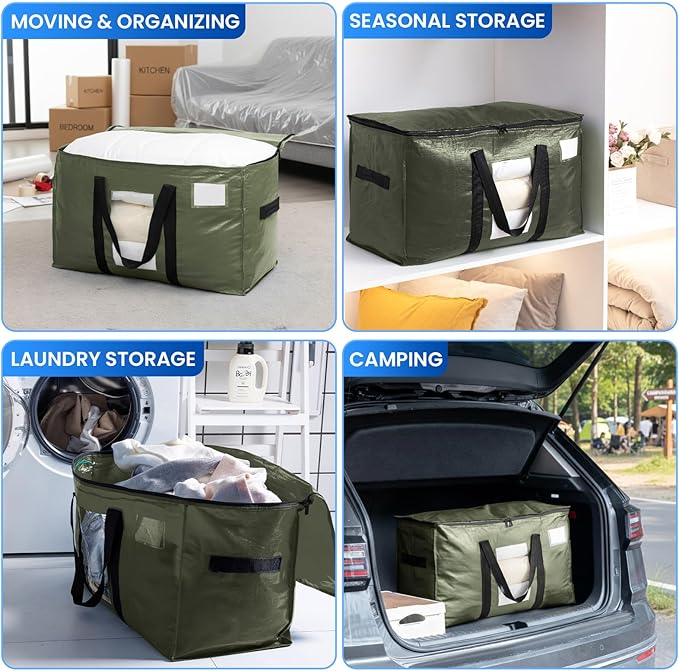 TAILI 8 Pack Green Extra Large Storage Bags, Heavy Duty Totes with Visible Window, Wrap Around Handles, Perfect for Moving