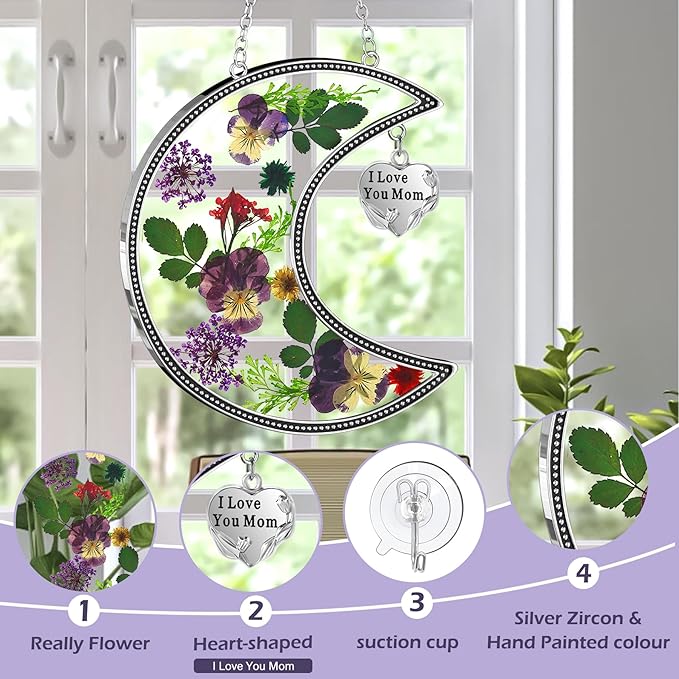 KY&BOSAM Moon Suncatcher Mom Gifts Stained Glass for Window Hangings Wind Chimes Decor with Pressed Real Flower and Metal I Love You Mom Heart Charm Birthday Gift for Women Mother`s Day Christmas