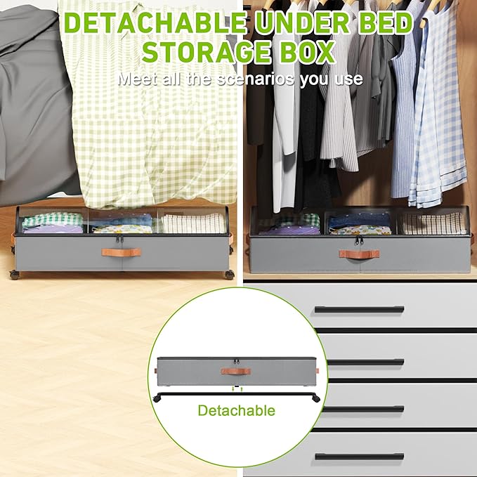 Under Bed Storage with Wheels, 2-Pack Under Bed Storage Containers with Clear Lids, XXL 65L Under the bed storage Organizer Bins, Rolling Under Bed Metal Drawer for Clothes,Shoes,Toys (gray)