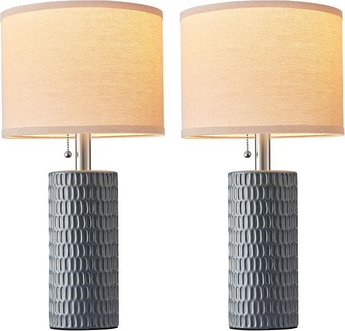 Reaketon 20.5" Modern Ceramic Table Lamps for Bedroom Set of 2, Bedside Lamps for Night Stands with Beige Lampshade, Farmhouse Table Lamp for Living Room Office Dorm, Grey