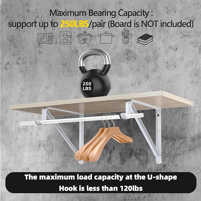 HOME MASTER HARDWARE Heavy Duty Closet Shelf Rod Brackets Supports 250lbs, Wall Mounted Closet Shelves Bracket with Rod Shelving Support, White with Screws 10-Pack