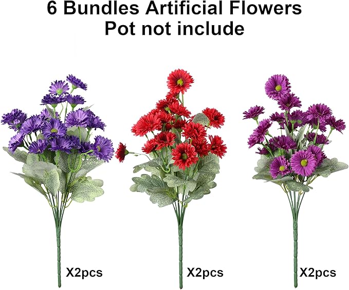 HyeFlora Artificial Flowers for Outdoors Fake Plants Spring Outside Decoration, 6 Bundles Dahlia Silk Daisy Realistic UV Resistant Faux Flowers for Outdoor Planter Balcony Porch Yard Garden Home, Mix