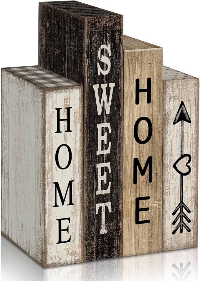 Lineshading 4 Pcs Farmhouse Table Decor Wooden Books Home Sweet Home Tiered Tray Decor Rustic Wood Block Sign Housewarming Gifts Neutral Centerpiece Farmhouse Stacked Decoration for Shelf Mantle