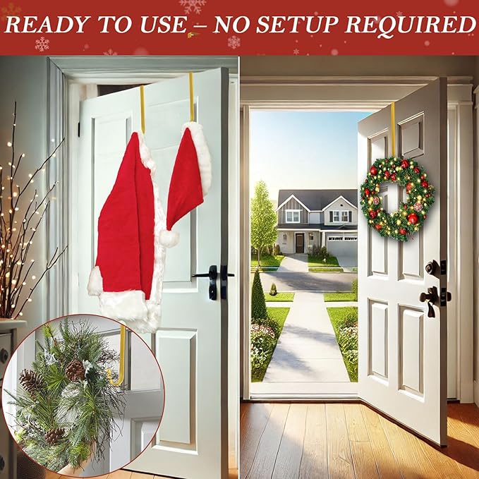12" Metal Wreath Hanger for Front Door, Tools-Free Wreath Hanger Heavy Duty, Over-the-Door Hooks for Hanging Welcome Sign, Wreath Holder for Easter, Halloween, Fall, Christmas Decorations(Gold)