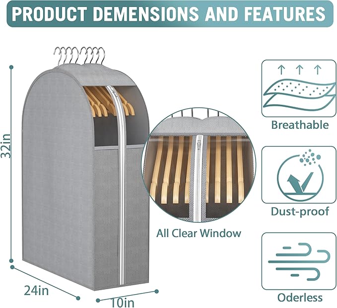 10" Gusseted Garment Bags for Hanging Clothes with Clear Window, 32" Suit Bags for Open Closet Storage, Clothing Cover for Coat, Dress, Jacket, Shirt, Fur Wardrobe Protector, 4 Packs