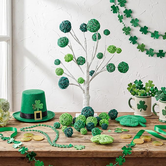 Patelai 36 Pcs Wicker Rattan Balls Decorative Balls for Vase Centerpiece Bowls Orbs Filler for Home Decor,4 Sizes(Dark, Grass Green, Fluorescent Green,2.4'',2'',1.6'',1.2'')
