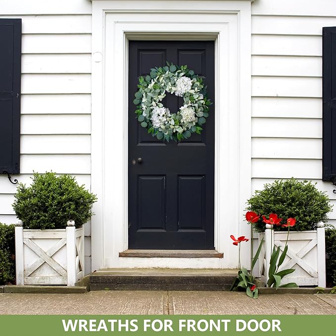 Spring Summer Wreaths for Front Door Porch, 22" Hydrangea Eucalyptus Wreath for Indoor Outdoor All Seasons, Artificial Greenery Farmhouse Decor for Mother's Day