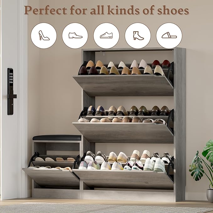 Shoe Cabinet with Bench and 3 Flip Drawers, Slim Narrow Shoe Storage Cabinet, Freestanding Shoe Rack Organizer with Adjustable & Removable Shelves, Anti-Tip for Entryway, Hallway, Foyer