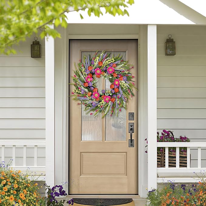 Spring Wreaths for Front Door 24 Inch with Vibrant Lavender and Daisy, Large Spring & Summer Wreath for Door Outside, Year Round Farmhouse Wedding Window Wall Decor, Housewarming Gift