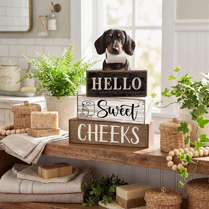 Moucuny 4 Pcs Dachshund Bathroom Decor Set Funny Toilet Wooden Tiered Tray Decor Farmhouse Dachshund Centerpiece Rustic Bathroom Shelf Decoration Hello Sweet Cheeks Decoration for Home Office