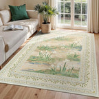 Lessymo Dining Room Rugs for Under Table, 6x9 Washable Floral Area Rug for Living Room, Non Slip Low Pile Carpet for Bedroom, Stain Resistance Cottagecore Farmhouse Nursery Office Decor, Beige Sage