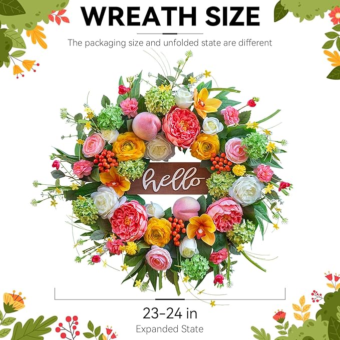 Spring Wreath for Front Door, 24 Inch Artificial Spring and Summer Wreath with Peony, Rose, Orchid, Hydrangea and Gardenia Flowers, Peach, Berries and Hello Wooden Sign, Decor for Indoor Outdoor
