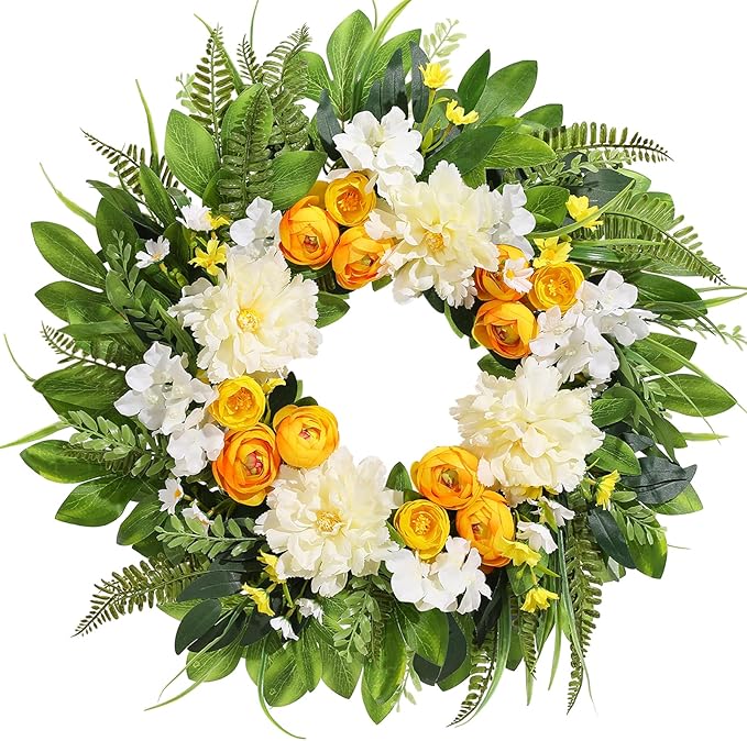 Summer Wreath for Front Door, 24 Inch Summer Wreath Floral with Peony Ranunculus Hydrangea Flower Summer Door Wreaths for Porch Entryways Wall Window Farmhouse Party Home Seasonal Decor