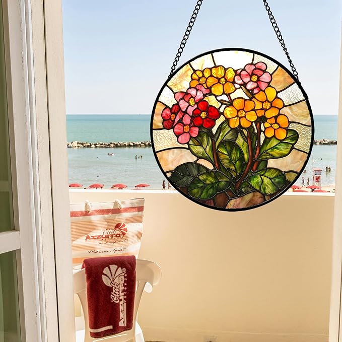 Stained Glass Window Hanging, Yellow Red Flowers Sun Catcher for Window Door Home Decor Green Plant Suncatcher Christmas Mother's Day Birthday Gifts for Women Men Mom and Nana 9.8 in