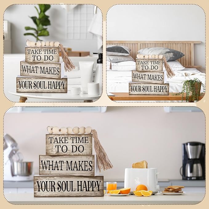 Yuntau 4 Pcs Farmhouse Tabletop Decoration Inspirational Farmhouse Tiered Tray Decor Rustic Retro Wood Bead Garland Take Time to Do What Makes Your Soul Happy Block Centerpiece Sign for Home Shelf
