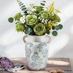Enra Vintage vase with Handle,9.4 inch Blue and White Ceramic Decorative Flower vase, Chinoiserie Floral Vase,Large Rustic Vases for Home Decors, Living Room, Bookshelf, Office
