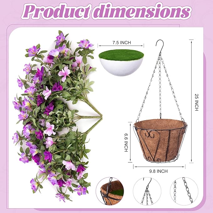 Artificial Hanging Flowers for Outdoors Hanging Baskets, 3 Pcs Fake Silk Flower with Hanging Baskets Planter for Spring Summer Garden Porch Patio Yard Outside Decor