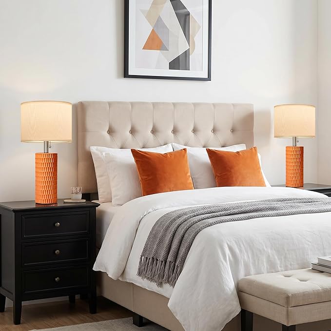 Reaketon Table Lamps for Living Room Set of 2, Ceramic Table Lamps for Bedroom, 20" Modern Lamps for Night Stands, Orange