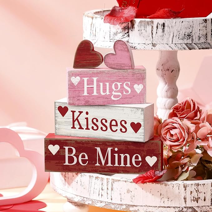 Moucuny 4 Pcs Valentine's Day Table Decorations Wooden Heart Valentine Tiered Tray Decor Valentine Day Centerpiece Rustic Decorative Heart Block Signs Gift Farmhouse Valentines Decor for Home Kitchen