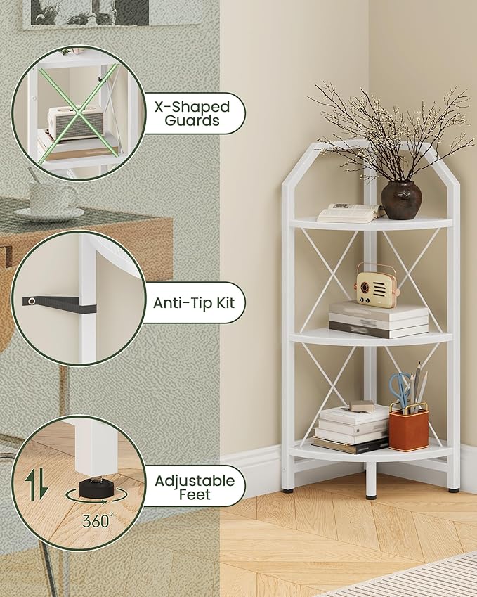 CHOEZON 3-Tier Corner Shelf, Industrial Corner Bookshelf, 35.4" Storage Stand, Plant Stand Display Shelf, Bookcase for Bedroom, Living Room, Home Office, White TCJ03WB