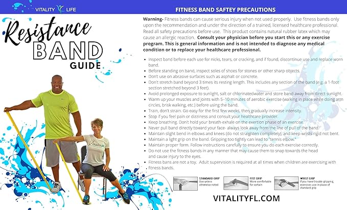 Vitality 4 Life with Curtis Adams Senior Resistance Band: Light Resistance, Longer Length + Instruction Guide. Latex Free. Exercise, Stretching, Physical Therapy