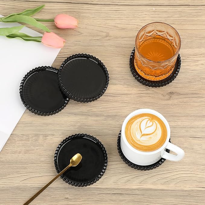 Glass Black Coaster Set of 5- Coasters for Glass Table Black Coasters Modern Round Cup Mats Coffee Table Decor for Kitchen, Bar, Dining Room, Living Room, Office