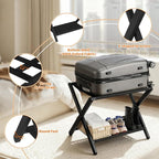 Heybly Luggage Rack, Folding Suitcase Stand with Storage Shelf, Heavy-Duty Luggage Holder for Guest Room Bedroom Hotel, Holds up to 165 lb, Black, HLR010B1