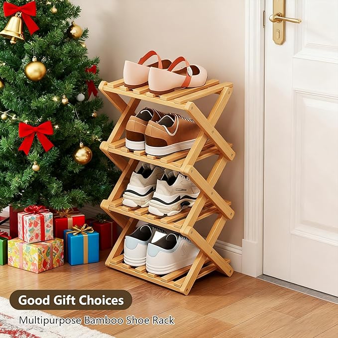 Simcat Bamboo Shoe Rack, Portable Folding Shoe Storage Rack,No Installation Free Standing Shoe Rack for Entryway, Closet, Dorm/Small Spaces (4 Tier)