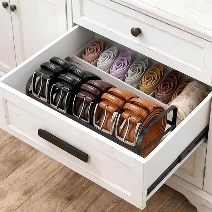 Belt Organizer - Belt Storage for Closet Drawer Dresser Wood Belt Rack Display, 5 Compartments, Gift for Man