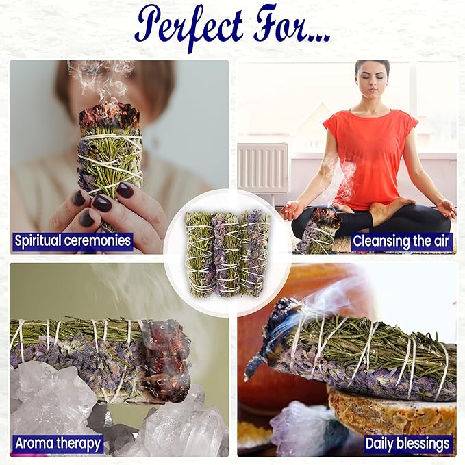 Sage Smudge Kit for Cleansing Negative Energy, Home and Creating The Energy of Happiness Rosemary & Lavender Sage Smudge Sticks with White Sage Pack of 3