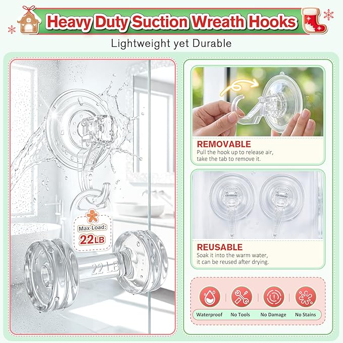 VIS'V Wreath Hanger, Large Suction Cup Wreath Hooks, Heavy Duty, 22 LB Capacity, Removable and Reusable, Clear, 8 Pcs